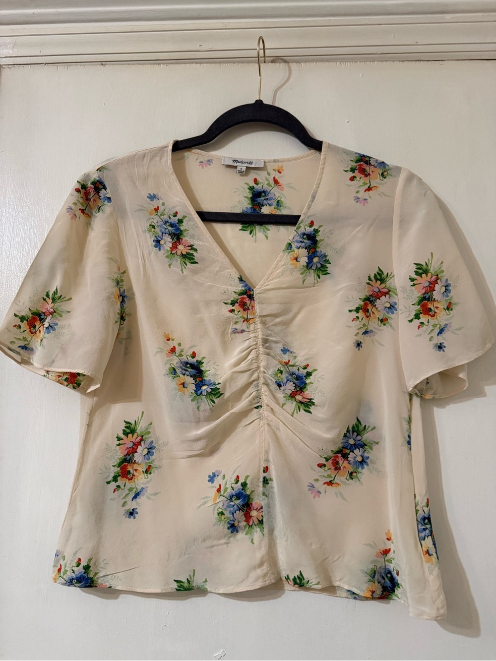 Madewell Cream Floral Ruched V-Neck Silk Top